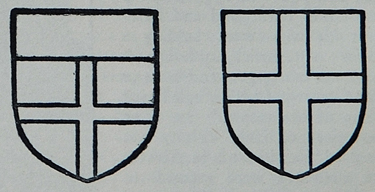 left:- Kinghts Templars. Argent a cross gules and a chief sable. Right:- Kinghts Hospitallers. Gules a cross argent.